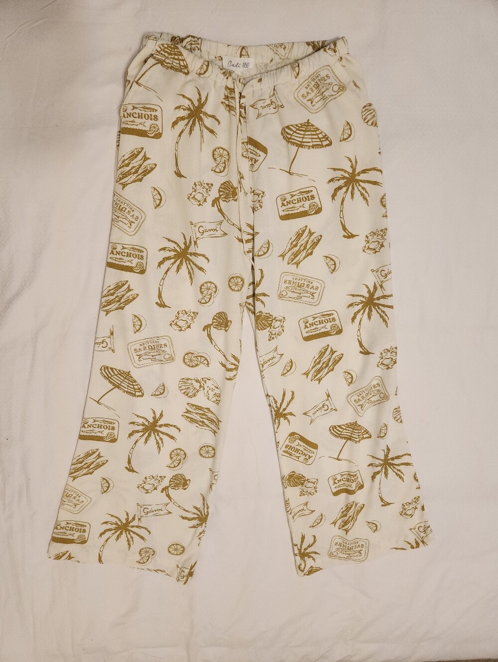 CALI 1850 Tinned Fish Linen Blend Pants M Green Sardines Anchovies Beach Coastal